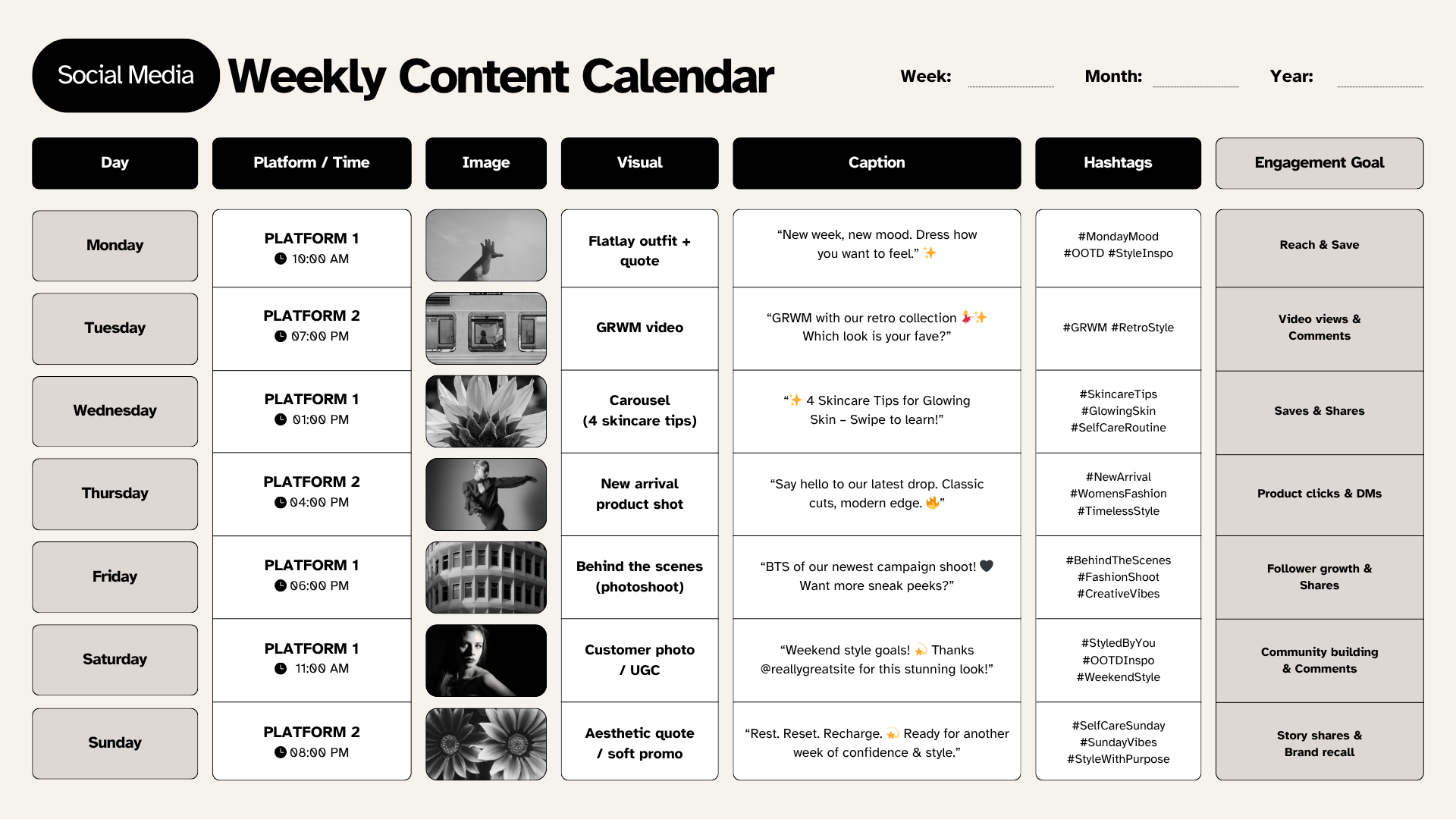 Social Media Weekly Content Calendar in Notion — structured by day, platform, visual type, caption, hashtags, and engagement goal